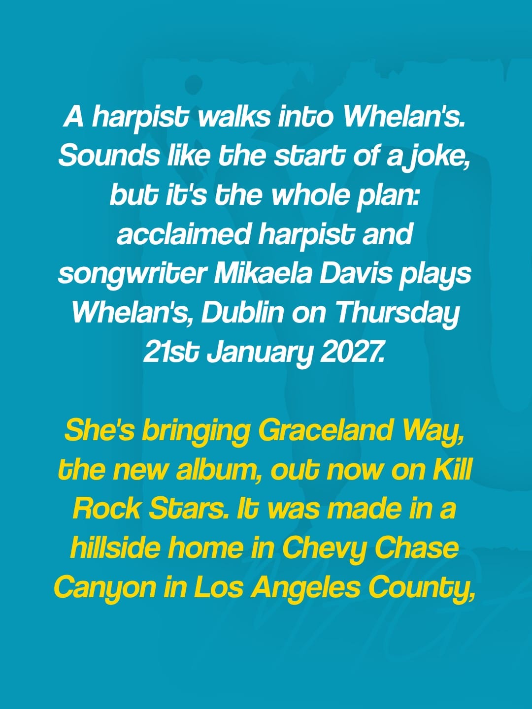 Mikaela Davis brings her harp to Whelan's on 21st January 2027 — photo 2
